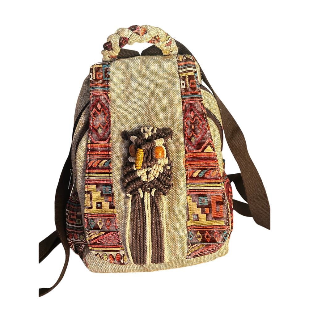 Boho Owl Backpack Woven Tribal Canvas Mini Bag Cottagecore Festival